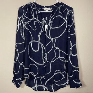 L’Agence Bardot Band Neck 100% Silk Midnight Ivory Bianca Blouse Size X Small